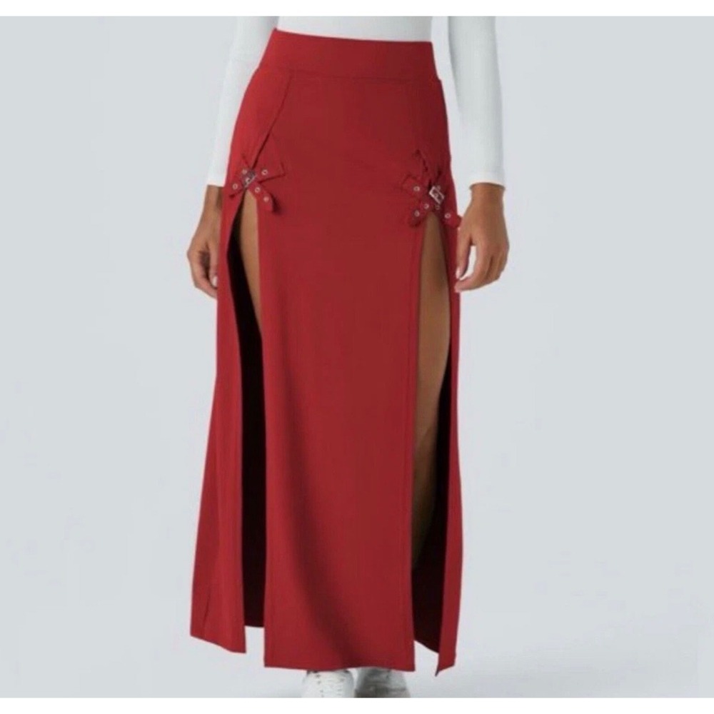 Halara Rust Red Double Slit Buckle Detail High‎ Waisted Maxi Skirt Womens XL NEW